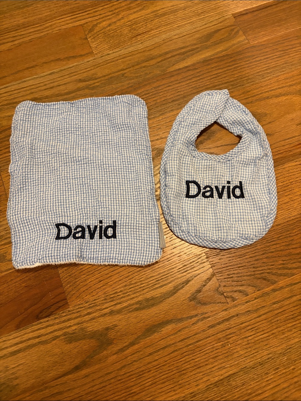 “David” Personalized Blue Seersucker Baby Bib and Burp Cloth Set